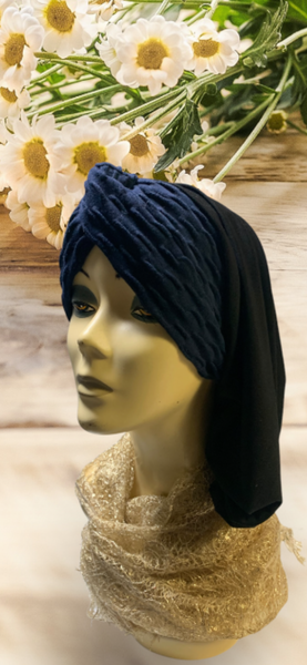 New Black Blue Snood Turban | Modern No Pins Needed Hijab | Made in the USA