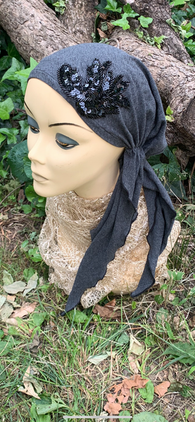 Grey Headwear With Sparkly Black Design | Modern Rich Hijab | Dressy Hair Cover