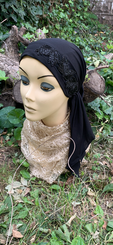 Black Pre Tied Headscarf For Women With Unique Black Sparkly Appliqué Design | Dressy or Casual | Black Modern Fitted Hijab | Made in the USA