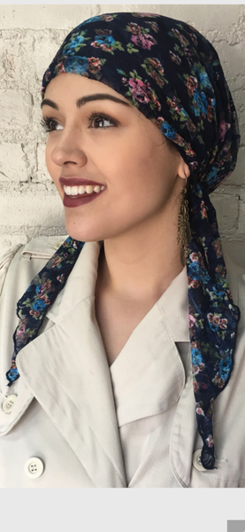 Back in stock !!! Blue Floral Lace Pre Tied Scarf With Comfy Jersey Knit Lining | Made in USA by Uptown Girl Headwear