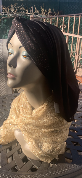 Black and Gold Snood Turban Hijab | Snood With Hight | Made in the USA by Uptown Girl Headwear