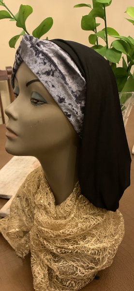 Grey Velvet & Black Lycra Snood Turban Hijab