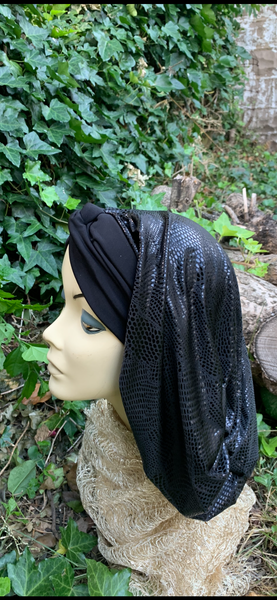 Beautiful Black Snood Turban For Women | Modern Black Hijab | Classic Top Knot Snood With Height | Made in USA by Uptown Girl Headwear |