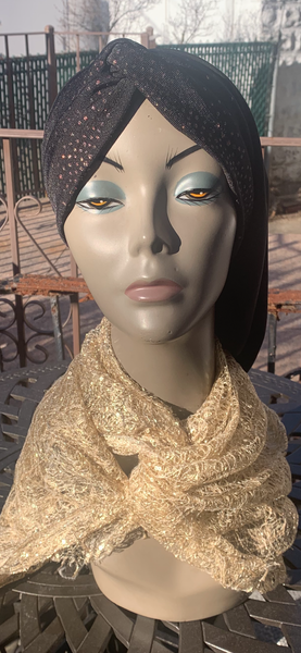 Black and Gold Snood Turban Hijab | Snood With Hight | Made in the USA by Uptown Girl Headwear