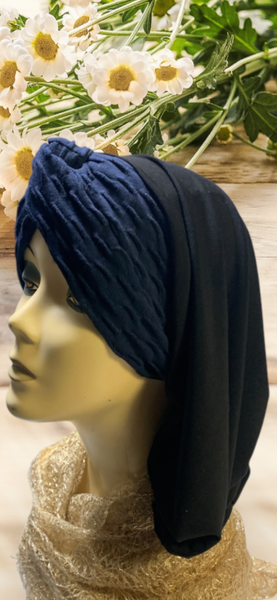 New Black Blue Snood Turban | Modern No Pins Needed Hijab | Made in the USA