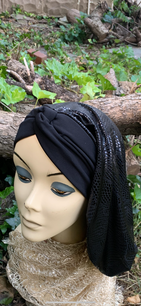 Beautiful Black Snood Turban For Women | Modern Black Hijab | Classic Top Knot Snood With Height | Made in USA by Uptown Girl Headwear |