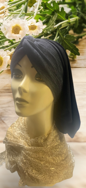 New Black Denim & Black Lycra Turban | Black Denim Hijab | Black Snood With Height | Made in the USA by Uptown Girl Headwear