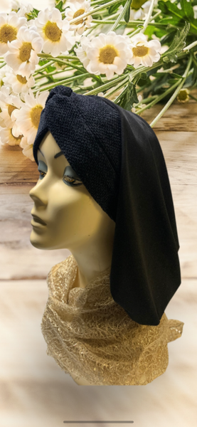 New Black Chenille and Lycra Snood Turban Hijab