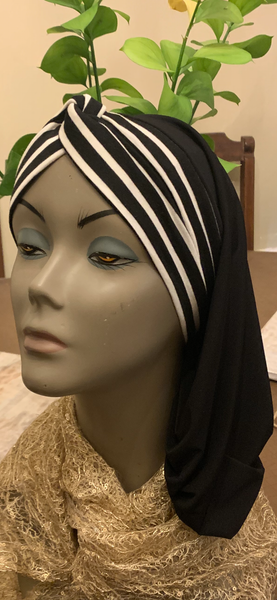 Black and White Stripe Snood Turban Hijab | Easy Slip On Headscarf For Women | Made in USA by Uptown Girl Headwear