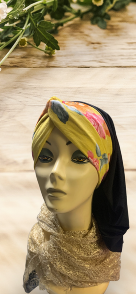 New Black and Yellow Floral Turban | Classic Snood | Beautiful Tichel | Modern Easy Hijab | Headcovering For Women | Proudly Made in the USA by Uptown Girl Headwear