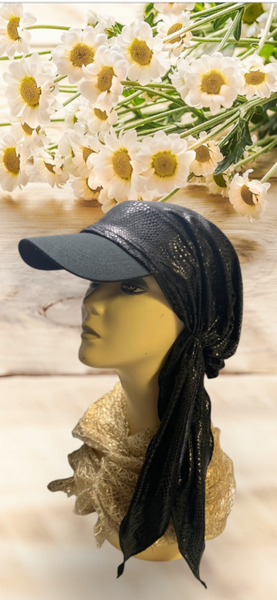 New Modern Black Shiny Headscarf For Women | Head Scarf With Brim | Sun Visor Hat | Sun Shade Hat | Beachwear | Made in USA