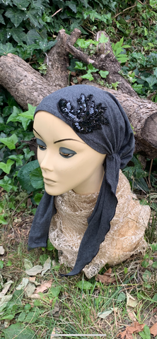 Grey Headwear With Sparkly Black Design | Modern Rich Hijab | Dressy Hair Cover