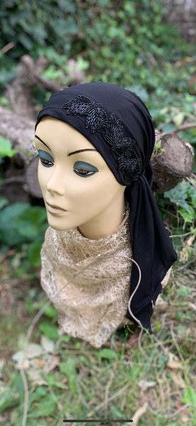 Black Pre Tied Headscarf For Women With Unique Black Sparkly Appliqué Design | Dressy or Casual | Black Modern Fitted Hijab | Made in the USA