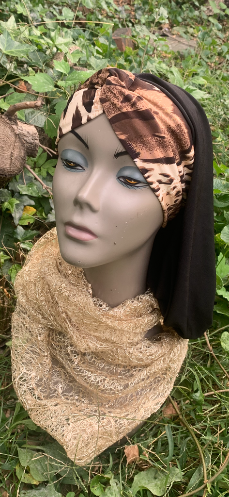 Snood | Black Lycra Back With Animal Print Front | Turban Hijab Scarf