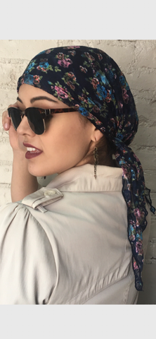 Back in stock !!! Blue Floral Lace Pre Tied Scarf With Comfy Jersey Knit Lining | Made in USA by Uptown Girl Headwear