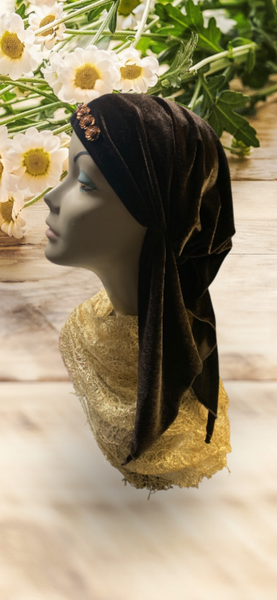 Simple and Easy Slip On Headwear | Brown Velvet Pre Tied Headscarf by Uptown Girl Headwear