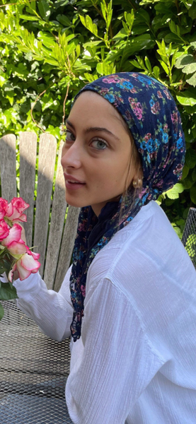 Back in stock !!! Blue Floral Lace Pre Tied Scarf With Comfy Jersey Knit Lining | Made in USA by Uptown Girl Headwear