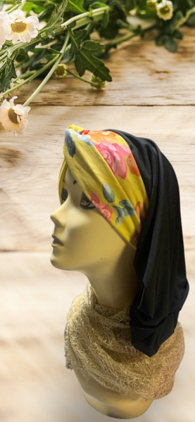 New Black and Yellow Floral Turban | Classic Snood | Beautiful Tichel | Modern Easy Hijab | Headcovering For Women | Proudly Made in the USA by Uptown Girl Headwear