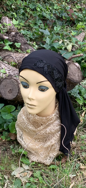 Black Pre Tied Headscarf For Women With Unique Black Sparkly Appliqué Design | Dressy or Casual | Black Modern Fitted Hijab | Made in the USA