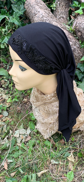 Black Pre Tied Headscarf For Women With Unique Black Sparkly Appliqué Design | Dressy or Casual | Black Modern Fitted Hijab | Made in the USA