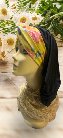 New Black and Yellow Floral Turban | Classic Snood | Beautiful Tichel | Modern Easy Hijab | Headcovering For Women | Proudly Made in the USA by Uptown Girl Headwear