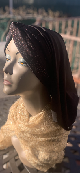 Black and Gold Snood Turban Hijab | Snood With Hight | Made in the USA by Uptown Girl Headwear