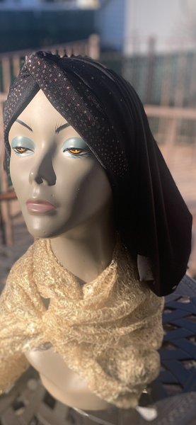 Black and Gold Snood Turban Hijab | Snood With Hight | Made in the USA by Uptown Girl Headwear