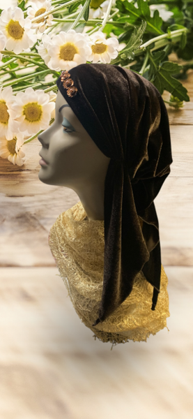 Simple and Easy Slip On Headwear | Brown Velvet Pre Tied Headscarf by Uptown Girl Headwear