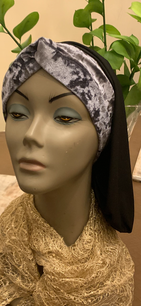 Grey Velvet & Black Lycra Snood Turban Hijab